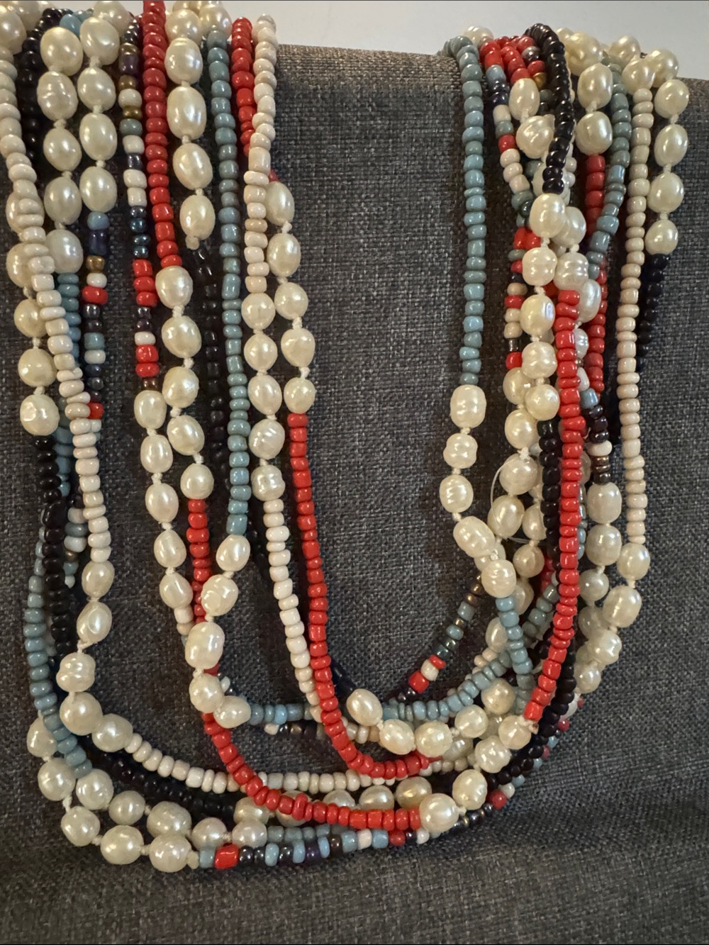 36” Multistrand Pearl & Seed Bead Necklace in White, Red, Black, Blue